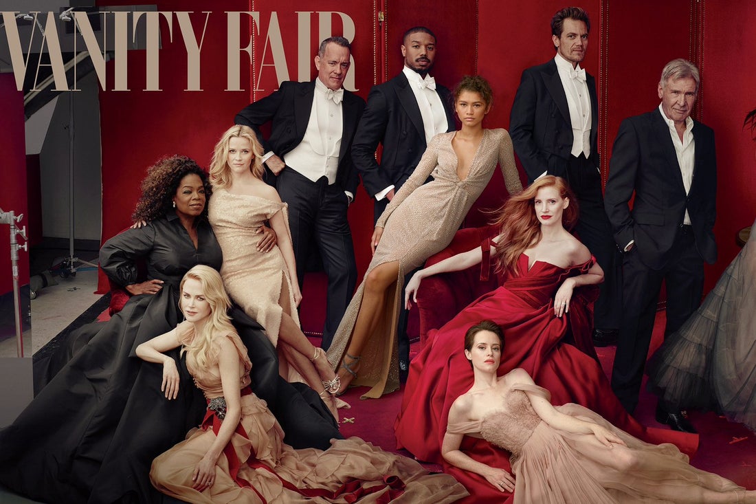 The final cover features Oprah Winfrey, Nicole Kidman, Reese Witherspoon, Tom Hanks, Michael B. Jordan, Zendaya, Jessica Chastain, Claire Foy, Michael Shannon, Harrison Ford, Gal Gadot, Vanity Fair editor-in-chief Graydon Carter, and Robert De Niro.
